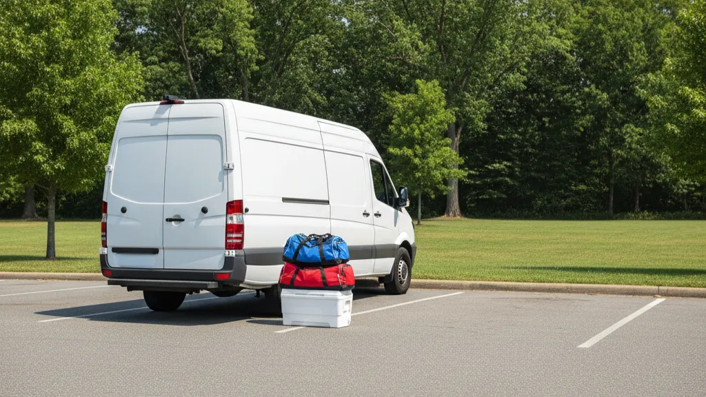 White Sprinter van parked at a park with sports bags and a cooler beside it